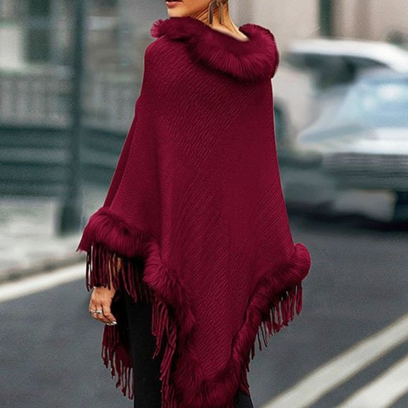 NWT La Mode | Red Wine Faux Fur-Trim Fringe-Accent Poncho - Picture 2 of 5
